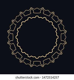 Golden round ornament, frame, border, line art icon. Vector linear floral geometric motif. Isolated design element for brochure, invitation card, logo, monogram, emblem. Gold and black background