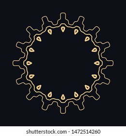 Golden round ornament, frame, border, line art icon. Vector linear floral geometric motif. Isolated design element for brochure, invitation card, logo, monogram, emblem. Gold and black background