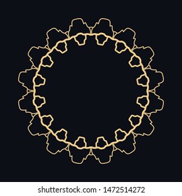 Golden round ornament, frame, border, line art icon. Vector linear floral geometric motif. Isolated design element for brochure, invitation card, logo, monogram, emblem. Gold and black background