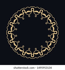 Golden round ornament, frame, border, line art icon. Vector linear floral geometric motif. Isolated design element for brochure, invitation card, logo, monogram, emblem. Gold and black background