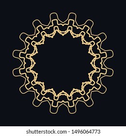 Golden round ornament, frame, border, line art icon. Vector linear floral geometric motif. Isolated design element for brochure, invitation card, logo, monogram, emblem. Gold and black background