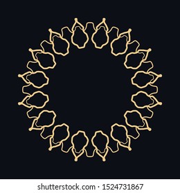 Golden round ornament, frame, border, line art icon. Vector linear floral geometric motif. Isolated design element for brochure, invitation card, logo, monogram, emblem. Gold and black background