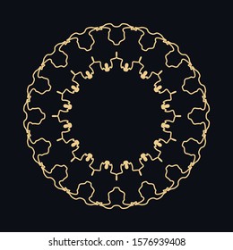 Golden round ornament, frame, border, line art icon. Vector linear floral geometric motif. Isolated design element for brochure, invitation card, logo, monogram, emblem. Gold and black background