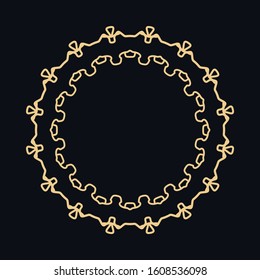 Golden round ornament, frame, border, line art icon. Vector linear floral geometric motif. Isolated design element for brochure, invitation card, logo, monogram, emblem. Gold and black background