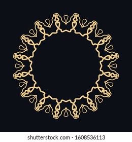 Golden round ornament, frame, border, line art icon. Vector linear floral geometric motif. Isolated design element for brochure, invitation card, logo, monogram, emblem. Gold and black background
