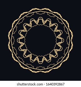 Golden round ornament, frame, border, line art icon. Vector linear floral geometric motif. Isolated design element for brochure, invitation card, logo, monogram, emblem. Gold and black background