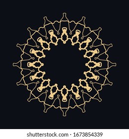 Goldener Rundschmuck, Rahmen, Grenze, Kunstsymbol. Lineares geometrisches Motiv der Vektorillustration. Einziger Designelement für Broschüre, Einladungskarte, Logo, Monogramm, Emblem. Golden und schwarzer Hintergrund