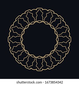 Golden round ornament, frame, border, line art icon. Vector linear floral geometric motif. Isolated design element for brochure, invitation card, logo, monogram, emblem. Gold and black background