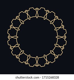 Golden round ornament, frame, border, line art icon. Vector linear floral geometric motif. Isolated design element for brochure, invitation card, logo, monogram, emblem. Gold and black background