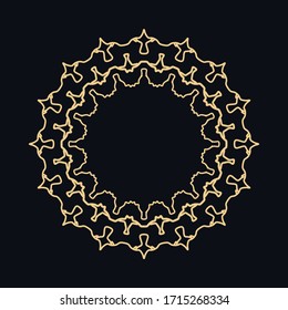 Golden round ornament, frame, border, line art icon. Vector linear floral geometric motif. Isolated design element for brochure, invitation card, logo, monogram, emblem. Gold and black background