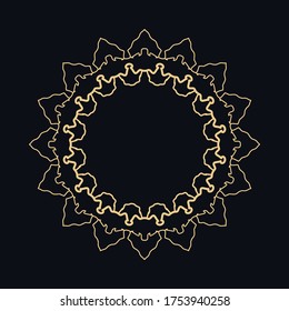 Golden round ornament, frame, border, line art icon. Vector linear floral geometric motif. Isolated design element for brochure, invitation card, logo, monogram, emblem. Gold and black background