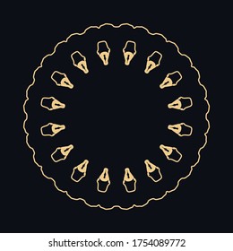 Golden round ornament, frame, border, line art icon. Vector linear floral geometric motif. Isolated design element for brochure, invitation card, logo, monogram, emblem. Gold and black background