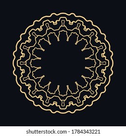 Ornamento dorado, marco, borde, icono de línea de arte. Motivo geométrico floral lineal vectorial. Elemento de diseño aislado para folleto, tarjeta de invitación, logotipo, monograma, emblema. Fondo dorado y negro