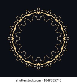 Golden round ornament, frame, border, line art icon. Vector linear floral geometric motif. Isolated design element for brochure, invitation card, logo, monogram, emblem. Gold and black background
