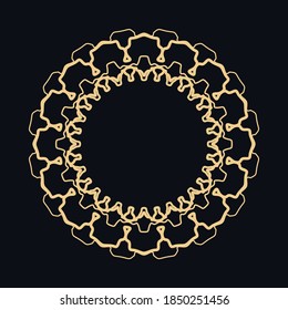 Ornamento dorado, marco, borde, icono de línea de arte. Motivo geométrico floral lineal vectorial. Elemento de diseño aislado para folleto, tarjeta de invitación, logotipo, monograma, emblema. Fondo dorado y negro