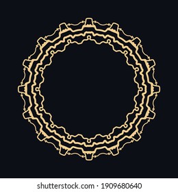 Golden round ornament, frame, border, line art icon. Vector linear floral geometric motif. Isolated design element for brochure, invitation card, logo, monogram, emblem. Gold and black background