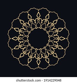 Golden round ornament, frame, border, line art icon. Vector linear floral geometric motif. Isolated design element for brochure, invitation card, logo, monogram, emblem. Gold and black background