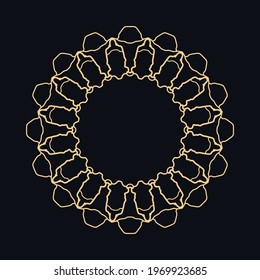 Golden round ornament, frame, border, line art icon. Vector linear floral geometric motif. Isolated design element for brochure, invitation card, logo, monogram, emblem. Gold and black background