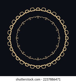 Golden round ornament, frame, border, line art icon. Vector linear floral geometric motif. Isolated design element for brochure, invitation card, logo, monogram, emblem. Gold and black background