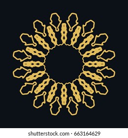 Golden round ornament, frame, border, lina art icon.. Vector linear floral geometric motif. Isolated design element for brochure, invitation card, logo, monogram, emblem. Gold and black background