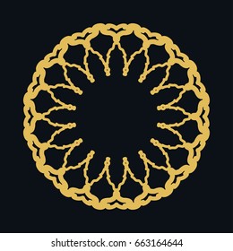 Golden round ornament, frame, border, lina art icon.. Vector linear floral geometric motif. Isolated design element for brochure, invitation card, logo, monogram, emblem. Gold and black background