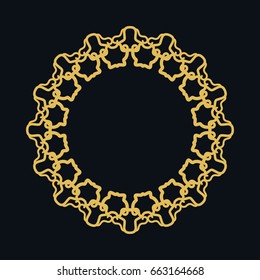 Golden round ornament, frame, border, lina art icon.. Vector linear floral geometric motif. Isolated design element for brochure, invitation card, logo, monogram, emblem. Gold and black background