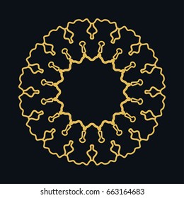 Golden round ornament, frame, border, lina art icon.. Vector linear floral geometric motif. Isolated design element for brochure, invitation card, logo, monogram, emblem. Gold and black background
