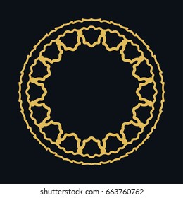 Golden round ornament, frame, border, lina art icon. Vector linear floral geometric motif. Isolated design element for brochure, invitation card, logo, monogram, emblem. Gold and black background