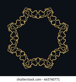 Golden round ornament, frame, border, lina art icon. Vector linear floral geometric motif. Isolated design element for brochure, invitation card, logo, monogram, emblem. Gold and black background