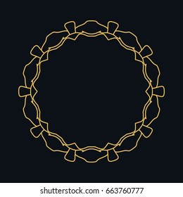 Golden round ornament, frame, border, lina art icon. Vector linear floral geometric motif. Isolated design element for brochure, invitation card, logo, monogram, emblem. Gold and black background