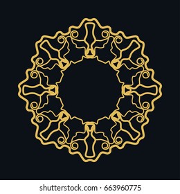Golden round ornament, frame, border, lina art icon. Vector linear floral geometric motif. Isolated design element for brochure, invitation card, logo, monogram, emblem. Gold and black background