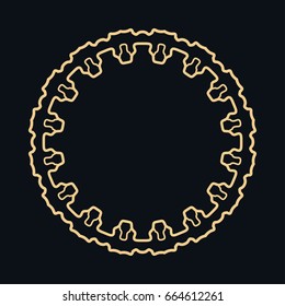 Golden round ornament, frame, border, lina art icon. Vector linear floral geometric motif. Isolated design element for brochure, invitation card, logo, monogram, emblem. Gold and black background