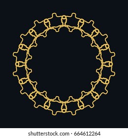 Golden round ornament, frame, border, lina art icon. Vector linear floral geometric motif. Isolated design element for brochure, invitation card, logo, monogram, emblem. Gold and black background