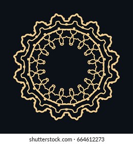 Golden round ornament, frame, border, lina art icon. Vector linear floral geometric motif. Isolated design element for brochure, invitation card, logo, monogram, emblem. Gold and black background