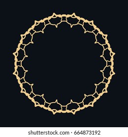 Golden round ornament, frame, border, lina art icon. Vector linear floral geometric motif. Isolated design element for brochure, invitation card, logo, monogram, emblem. Gold and black background