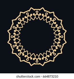 Golden round ornament, frame, border, lina art icon. Vector linear floral geometric motif. Isolated design element for brochure, invitation card, logo, monogram, emblem. Gold and black background