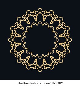 Golden round ornament, frame, border, lina art icon. Vector linear floral geometric motif. Isolated design element for brochure, invitation card, logo, monogram, emblem. Gold and black background