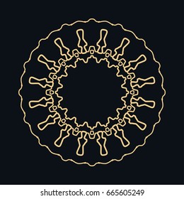 Golden round ornament, frame, border, line art icon. Vector linear floral geometric motif. Isolated design element for brochure, invitation card, logo, monogram, emblem. Gold and black background