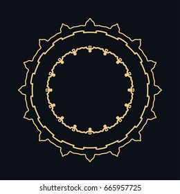 Golden round ornament, frame, border, line art icon. Vector linear floral geometric motif. Isolated design element for brochure, invitation card, logo, monogram, emblem. Gold and black background