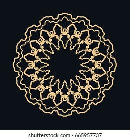 Golden round ornament, frame, border, line art icon. Vector linear floral geometric motif. Isolated design element for brochure, invitation card, logo, monogram, emblem. Gold and black background