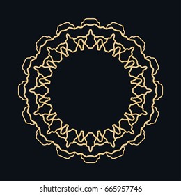 Golden round ornament, frame, border, line art icon. Vector linear floral geometric motif. Isolated design element for brochure, invitation card, logo, monogram, emblem. Gold and black background