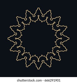 Golden round ornament, frame, border, line art icon. Vector linear floral geometric motif. Isolated design element for brochure, invitation card, logo, monogram, emblem. Gold and black background
