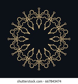 Golden round ornament, frame, border, line art icon. Vector linear floral geometric motif. Isolated design element for brochure, invitation card, logo, monogram, emblem. Gold and black background