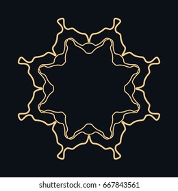 Golden round ornament, frame, border, line art icon. Vector linear floral geometric motif. Isolated design element for brochure, invitation card, logo, monogram, emblem. Gold and black background