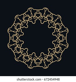 Golden round ornament, frame, border, line art icon. Vector linear floral geometric motif. Isolated design element for brochure, invitation card, logo, monogram, emblem. Gold and black background