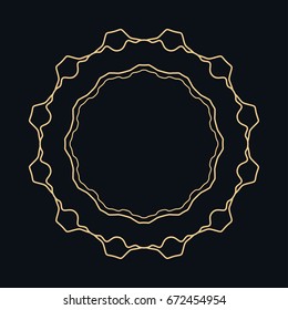 Golden round ornament, frame, border, line art icon. Vector linear floral geometric motif. Isolated design element for brochure, invitation card, logo, monogram, emblem. Gold and black background