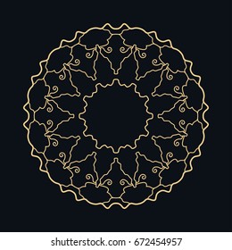 Golden round ornament, frame, border, line art icon. Vector linear floral geometric motif. Isolated design element for brochure, invitation card, logo, monogram, emblem. Gold and black background