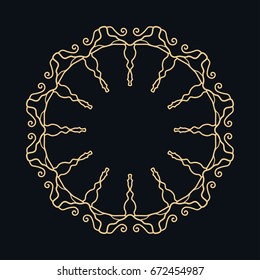 Golden round ornament, frame, border, line art icon. Vector linear floral geometric motif. Isolated design element for brochure, invitation card, logo, monogram, emblem. Gold and black background