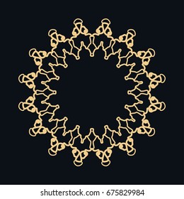 Golden round ornament, frame, border, line art icon. Vector linear floral geometric motif. Isolated design element for brochure, invitation card, logo, monogram, emblem. Gold and black background