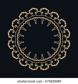 Golden round ornament, frame, border, line art icon. Vector linear floral geometric motif. Isolated design element for brochure, invitation card, logo, monogram, emblem. Gold and black background